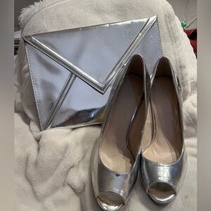 Silver Peep-Toe Heels and matching clutch